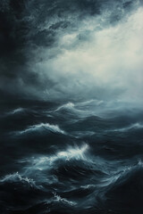Fototapeta premium waves of H2O in dramatic misty ocean scene with stormy clouds and turbulent crashing waves in dark blue tones, sunlight from above, illustrated