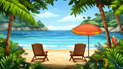 Cute cartoon vector-style landscape view of a beach with two chairs and an umbrella, and palm trees