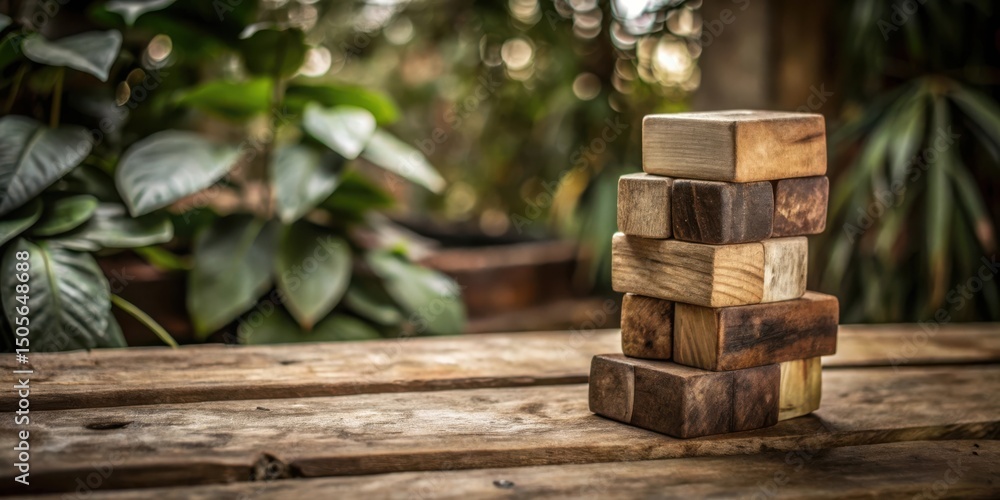 Poster A Stack of Unfinished Wooden Blocks on a Rustic Table with a Blurred Background of Lush Greenery