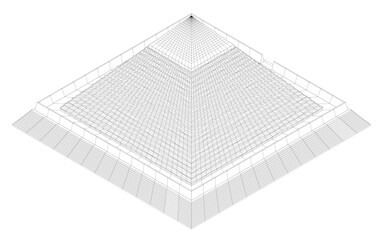 A square with a pyramid on it. The pyramid is made up of many small squares. Isometric view. 3D
