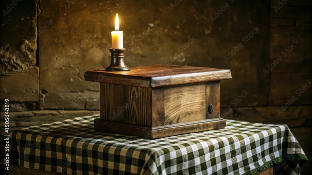 Poster a rustic wooden box with a lit candle rests on a checkered tablecloth, creating a warm and inviting 