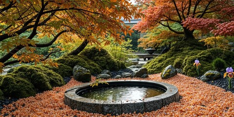 Peaceful Japanese Garden with Persimmon Trees and Water Feature