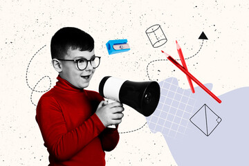 Poster sketch image artwork 3D photo collage of young schoolboy hand hold megaphone talk pencil courses education fall knowledge learn