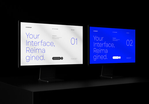 Dual Monitor Mockup &ndash; Realistic PSD Template Featuring Two UI Layout Screens in Dark Scene for Interface Presentation, Website Display, or App Promotion Design