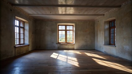 Sunbeams illuminate an empty room with a single window framing a view of the outdoors, casting long shadows across the wooden floor