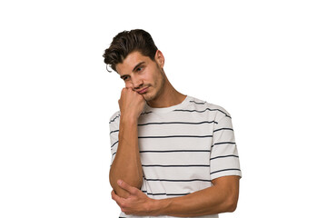 Young handsome caucasian man isolated on white background who feels sad and pensive, looking at copy space.
