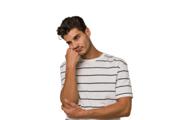 Young handsome caucasian man isolated on white background who feels sad and pensive, looking at copy space.