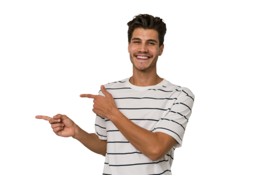 Young handsome caucasian man isolated on white background excited pointing with forefingers away.