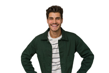 Young handsome caucasian man isolated on white background confident keeping hands on hips.