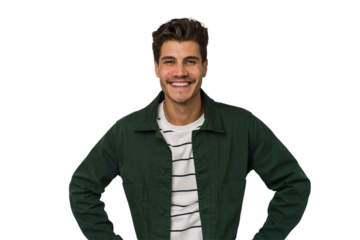 Young handsome caucasian man isolated on white background confident keeping hands on hips.