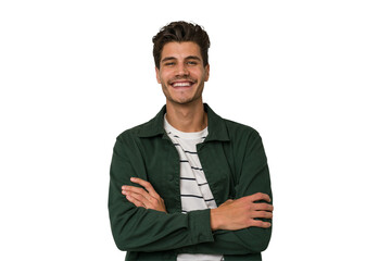 Young handsome caucasian man isolated on white background who feels confident, crossing arms with determination.