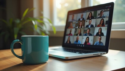 Fototapeta premium A laptop computer displaying a video call with a group of people on the screen, next to a teal mug on a wooden table
