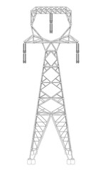 A tall power tower with a lot of lines and wires. The tower is very tall and has a lot of wires coming out of it