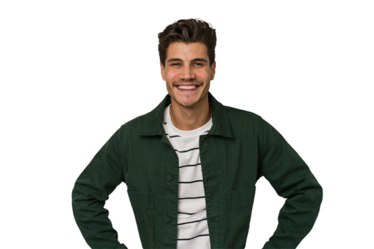 Young handsome caucasian man isolated on white background confident keeping hands on hips.
