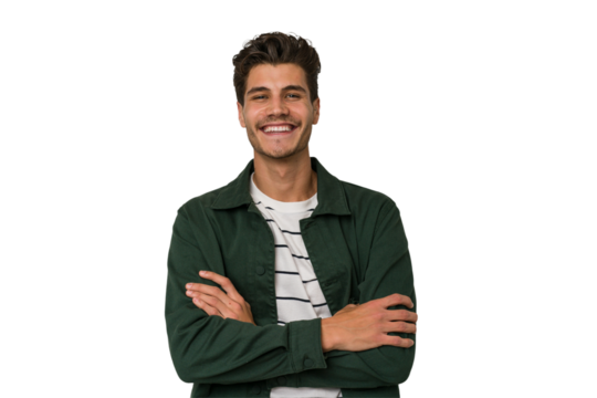 Young handsome caucasian man isolated on white background who feels confident, crossing arms with determination.