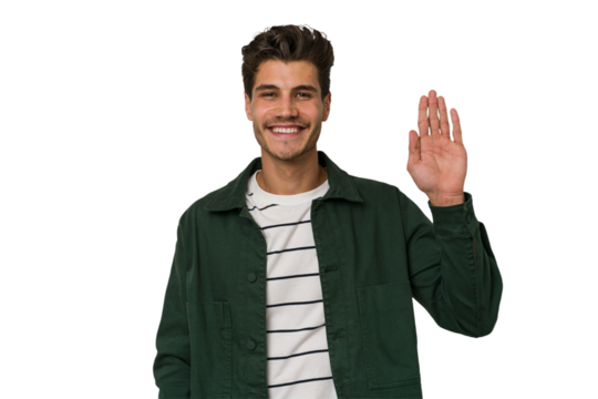 Young handsome caucasian man isolated on white background smiling cheerful showing number five with fingers.