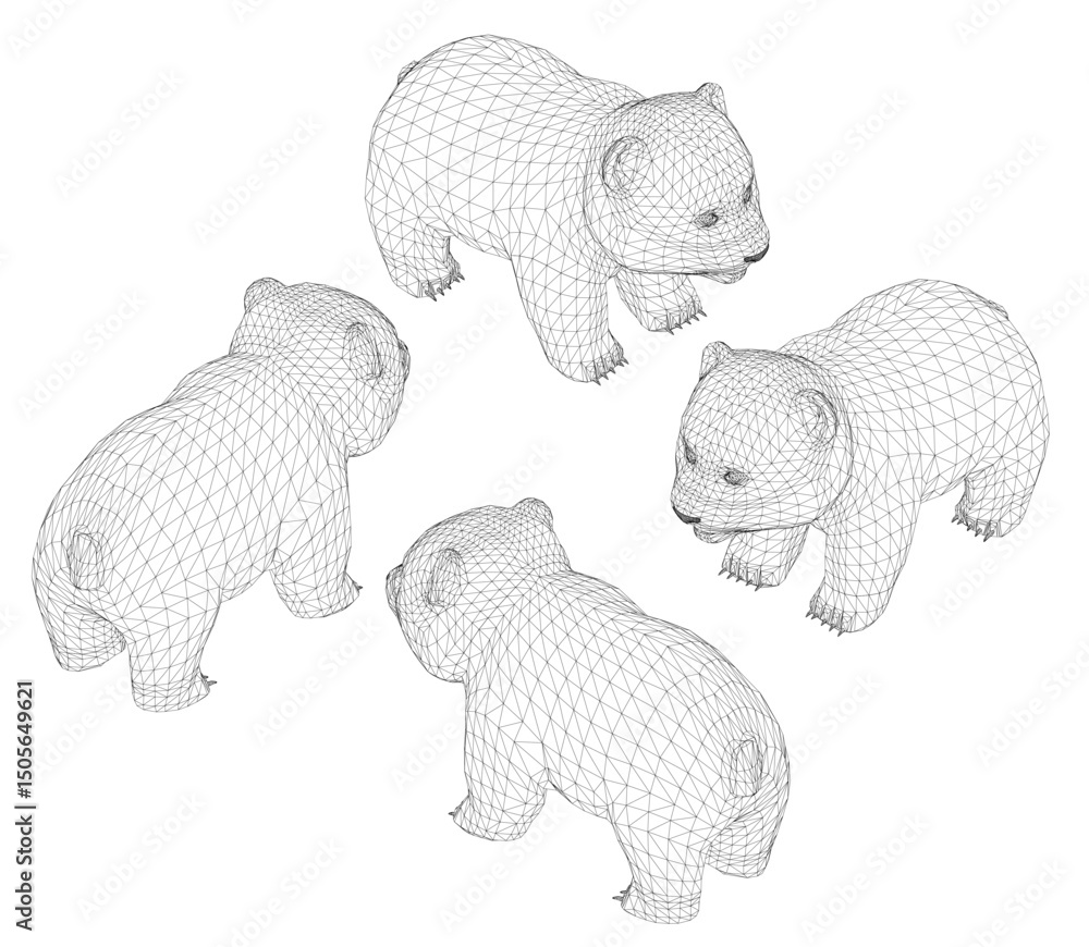 Poster four panda are standing in a circle. the panda are all same sizes and are all facing the different d