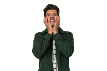 Young handsome caucasian man isolated on white background crying, unhappy with something, agony and confusion concept.