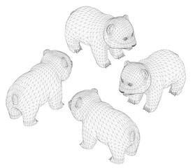 Four Panda are standing in a circle. The Panda are all same sizes and are all facing the different direction. Isometric view. 3D © German Ovchinnikov
