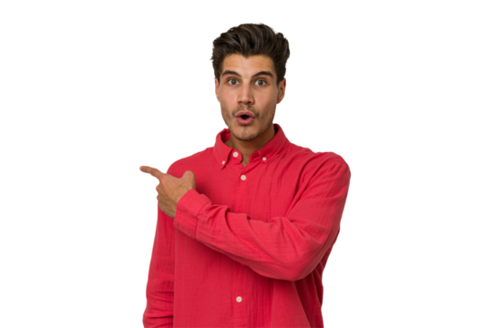 Young handsome caucasian man isolated on white background smiling and pointing aside, showing something at blank space.