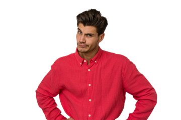 Young handsome caucasian man isolated on white background confused, feels doubtful and unsure.