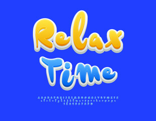 Vector Recreation badge Relax Time. Playful Blue Font. Bright Joyful Alphabet Letters and Numbers set.