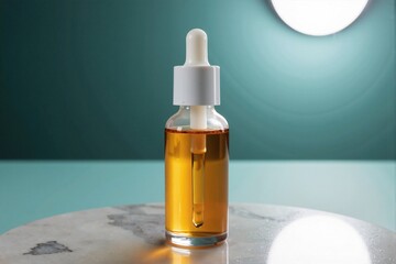 Fototapeta premium luxury cosmetic face serum or essential oil in a clear glass dropper bottle with a white cap, elegantly displayed on a marble surface against a moody teal background for a modern, chic beauty product