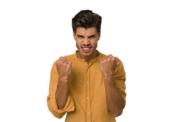 Young handsome caucasian man isolated on white background upset screaming with tense hands.