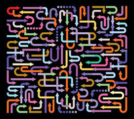 Abstract vector background of many colorful arrows pointing in different directions.	