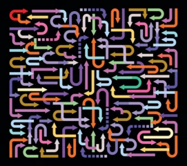 Abstract vector background of many colorful arrows pointing in different directions. 