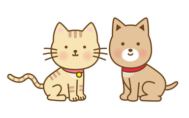 仲良く並ぶかわいい飼い犬と飼い猫のイラスト