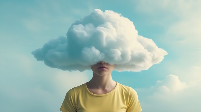 Person with cloud on head against blue sky and white clouds in the background in a surreal concept
