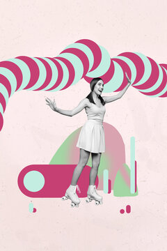 Fototapeta Poster picture collage of person stand under visual effect lines on pink background