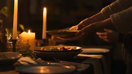 Elegant table setting with pasta and candles high resolution picture
