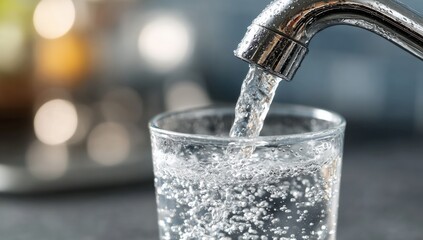 A glass is being filled with fresh water from a kitchen faucet, showing clear bubbles and clean liquid.