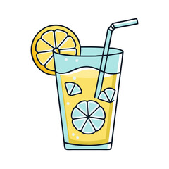 Refreshing lemonade drink illustration featuring lemon slice, ice cubes and straw