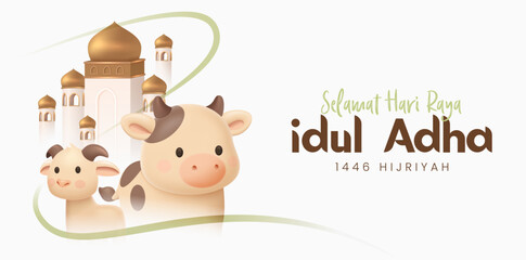 Eid Al Adha Banner Design Vector Illustration. Islamic and Arabic Background for Muslim Community Festival. Moslem Holiday. 3D Modern Islamic  suitable for Ramadan, Raya Hari, Eid al Adha and Mawlid.