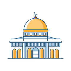 Cartoon Illustration of Islamic Landmark Building with Dome and Crescent Moon