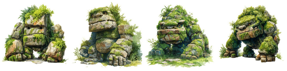 Unique Fantasy Stone Creatures with Lush Greenery and Moss
