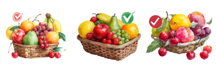Colorful Variety of Fresh Fruits in Three Different Baskets