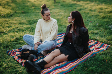 Two young women sit together on a vibrant striped blanket in a grassy outdoor setting, seemingly...