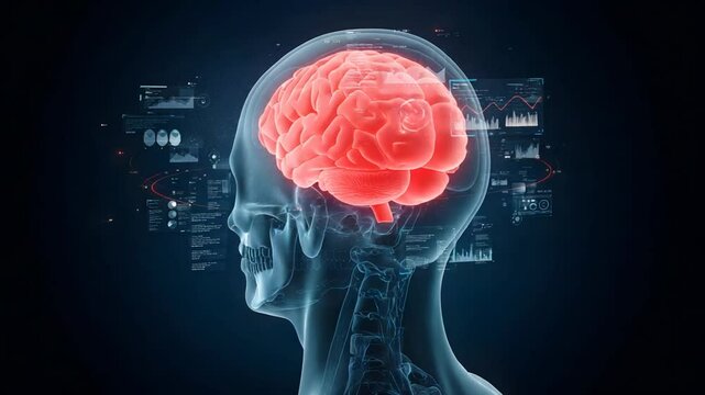 Scanning Human Head with Glowing Brain Inside Visualization and Data
