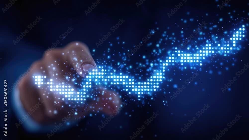 Poster a hand points at glowing blue digital pixels, symbolizing interaction with virtual or digital techno