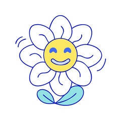 Cheerful Smiling Daisy Flower Illustration with Petals and Leaves Cartoon Design
