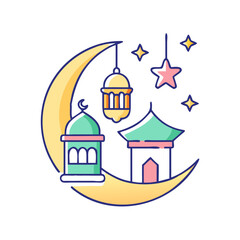 Obraz premium Colorful depiction of Ramadan related symbols like crescent moon, lantern, mosque, and stars