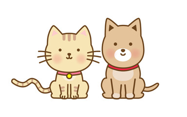 仲良く並ぶかわいい飼い犬と飼い猫のイラスト