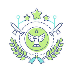 Stylized Emblem Design with Eagle, Guns, Stars and Olive Branches in Circle