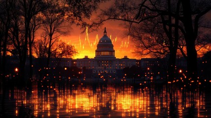 Capitol Building ablaze, fiery sunset, ominous reflection