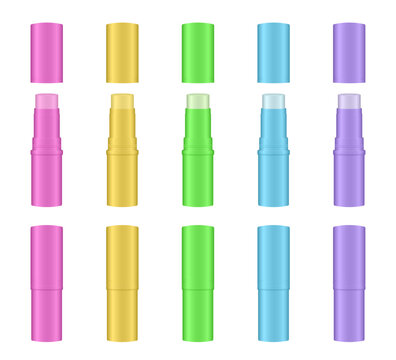 Mockup of open and closed lip baim tubes. Cosmetic stick. Tinted lip balm. Lipstick. Pink, yellow, green, blue and violet colors
