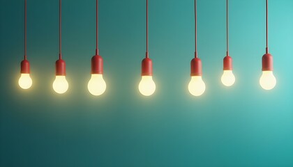A row of red light bulbs hanging from red cords against a teal gradient background